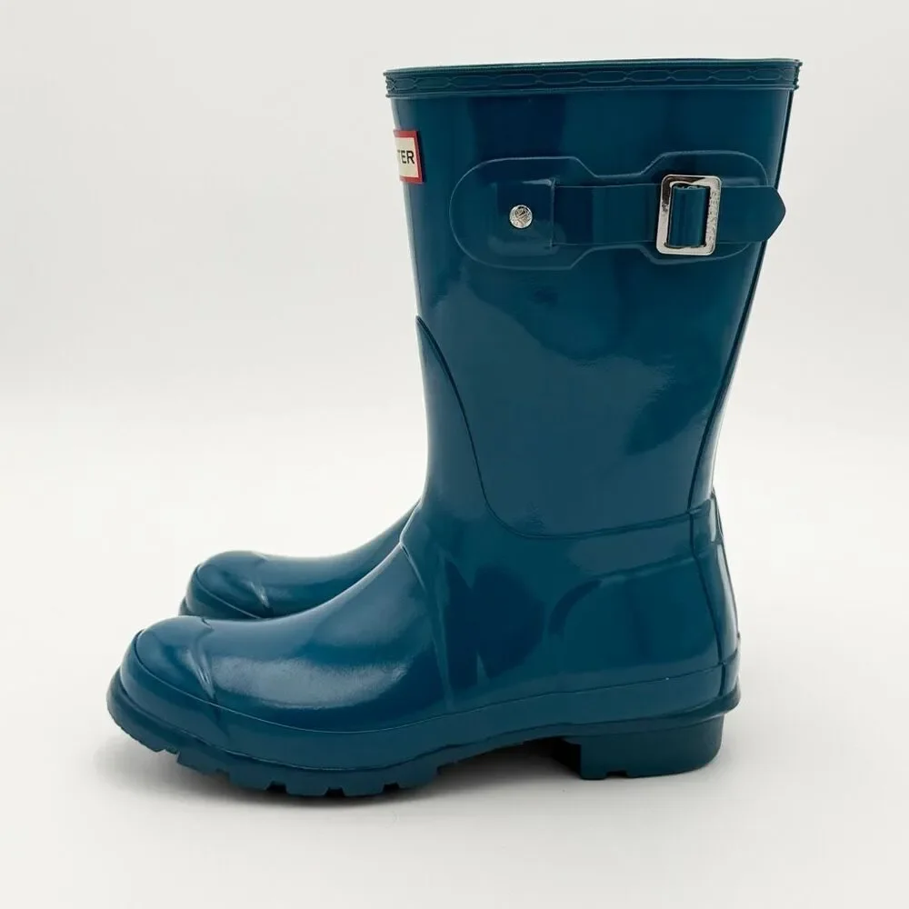 Hunter Glossy Deep Teal Mid Calf Silver Hardware Rubber Boots Galoshes Wellies -